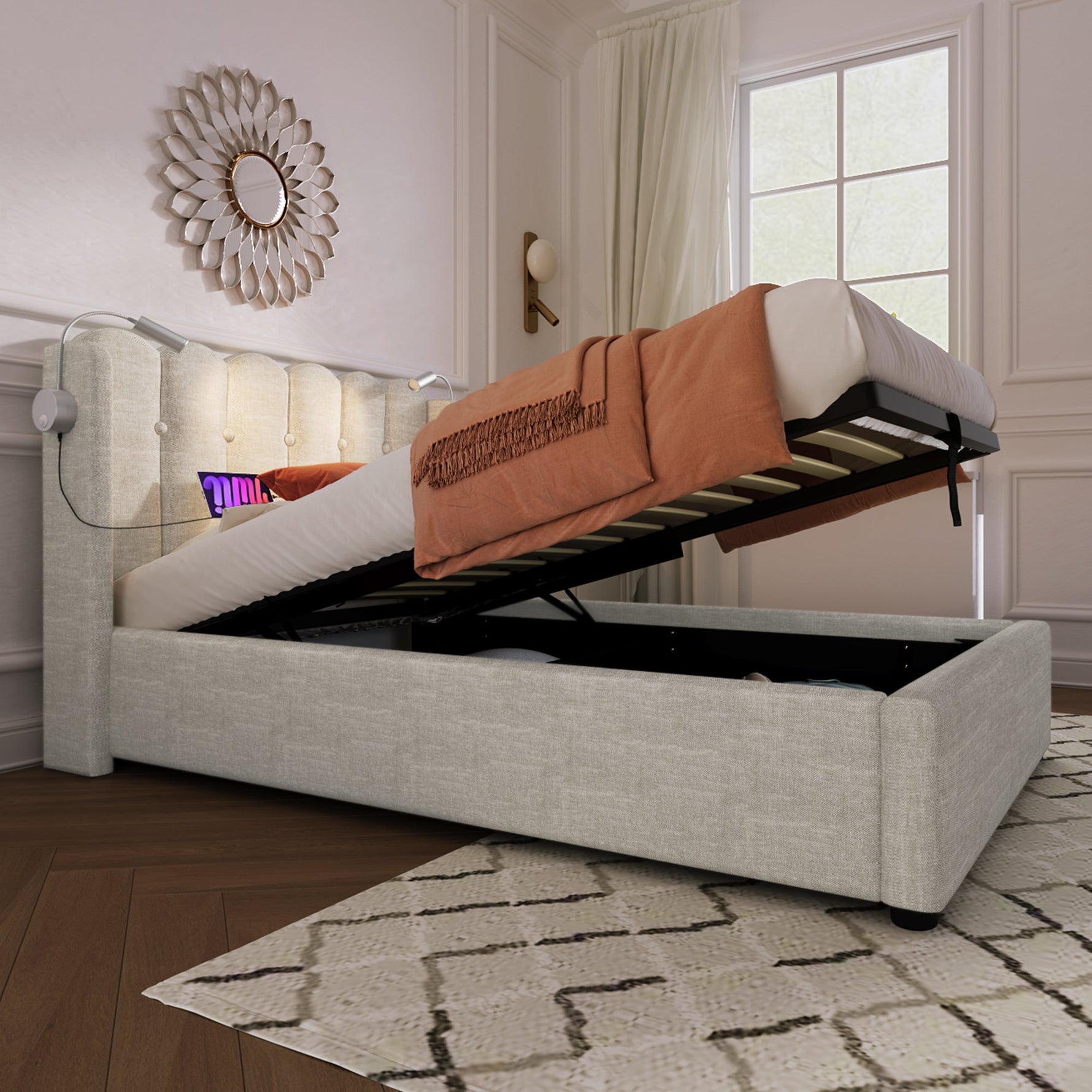 Upholstered Bed Single with Reading Light, Charging, Storage, 90x200, Natural Linen