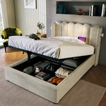 Upholstered Bed, Single with Reading Light & Charging Headboard, Natural Linen
