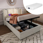 Upholstered Bed Single with Reading Light, Charging, Storage, 90x200, Natural Linen