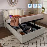 Upholstered Bed Single with Reading Light, Charging, Storage, 90x200, Natural Linen
