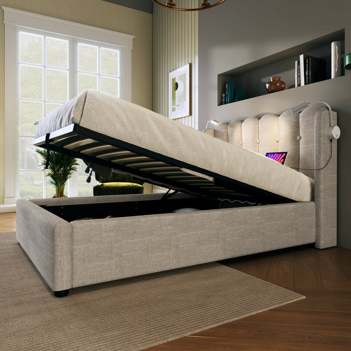 Upholstered Bed, Single with Reading Light & Charging Headboard, Natural Linen
