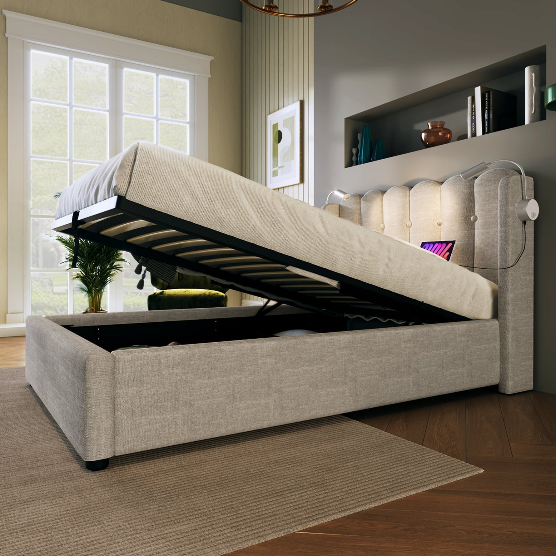 Upholstered Bed Single with Reading Light, Charging, Storage, 90x200, Natural Linen