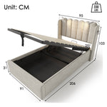 Upholstered Bed Single with Reading Light, Charging, Storage, 90x200, Natural Linen