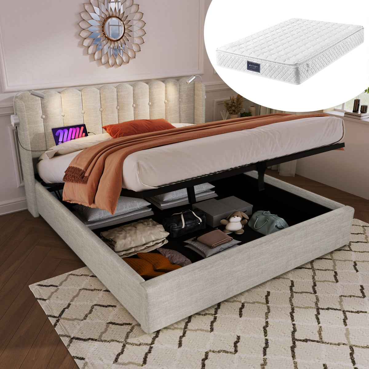 Upholstered Bed Double Bed with Reading Light, Charging, Storage, 140x200, Linen Material, Natural