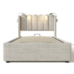 Upholstered Bed, Single with Reading Light & Charging Headboard, Natural Linen