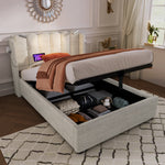 Upholstered Bed Single with Reading Light, Charging, Storage, 90x200, Natural Linen