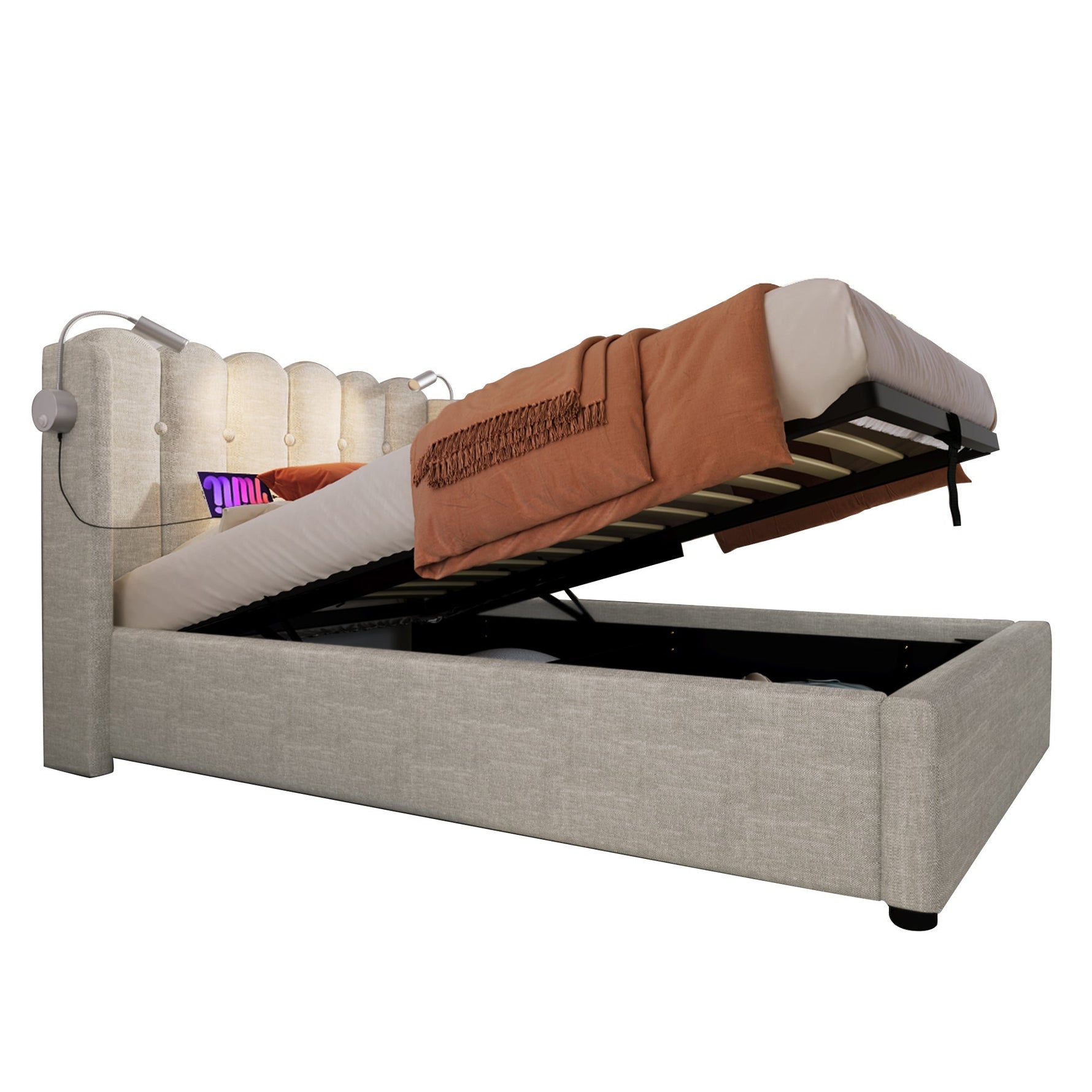 Upholstered Bed Single with Reading Light, Charging, Storage, 90x200, Natural Linen