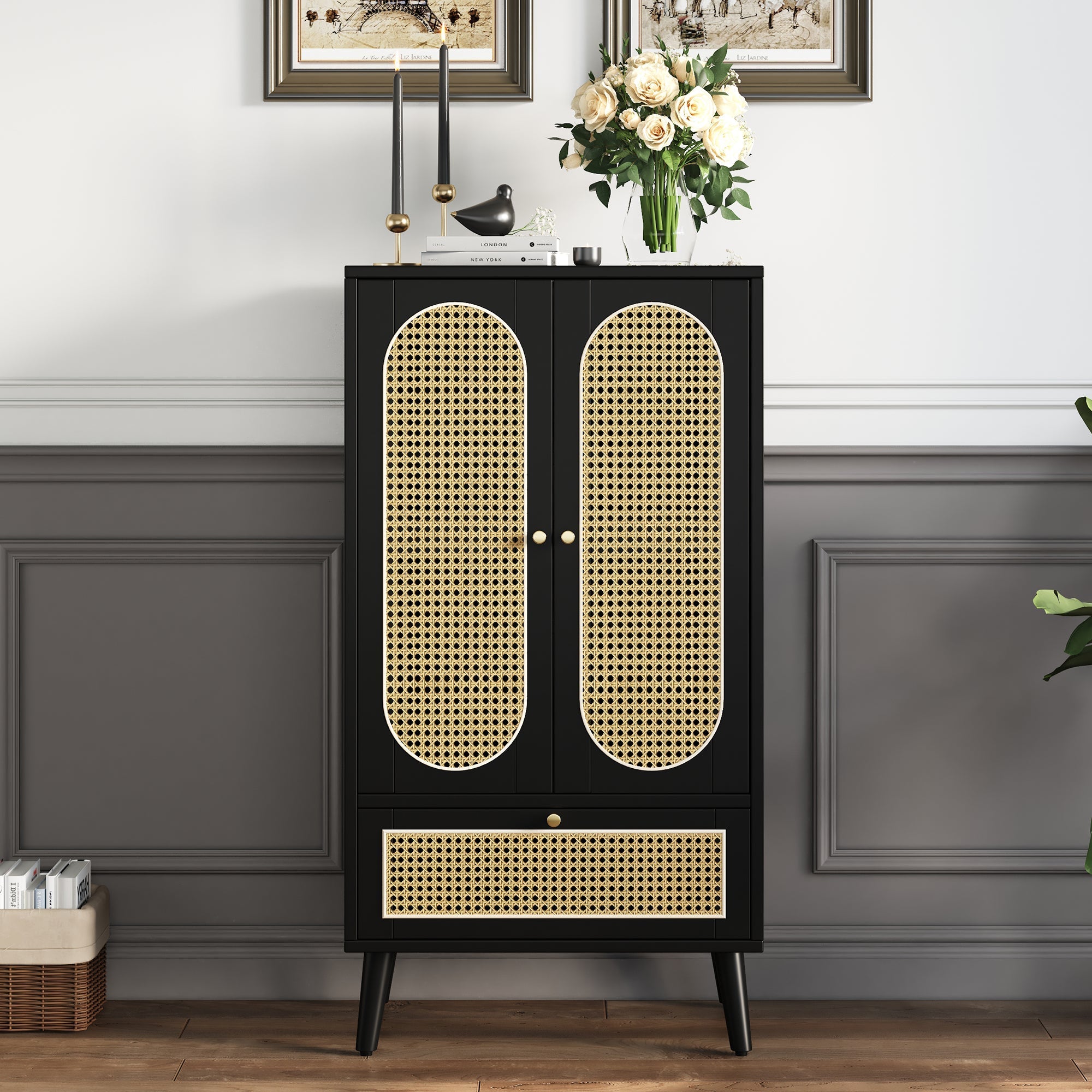 Compact Sideboard, Rattan Design, 2 Doors, 1 Drawer, Black
