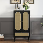 Compact Sideboard, Rattan Design, 2 Doors, 1 Drawer, Black