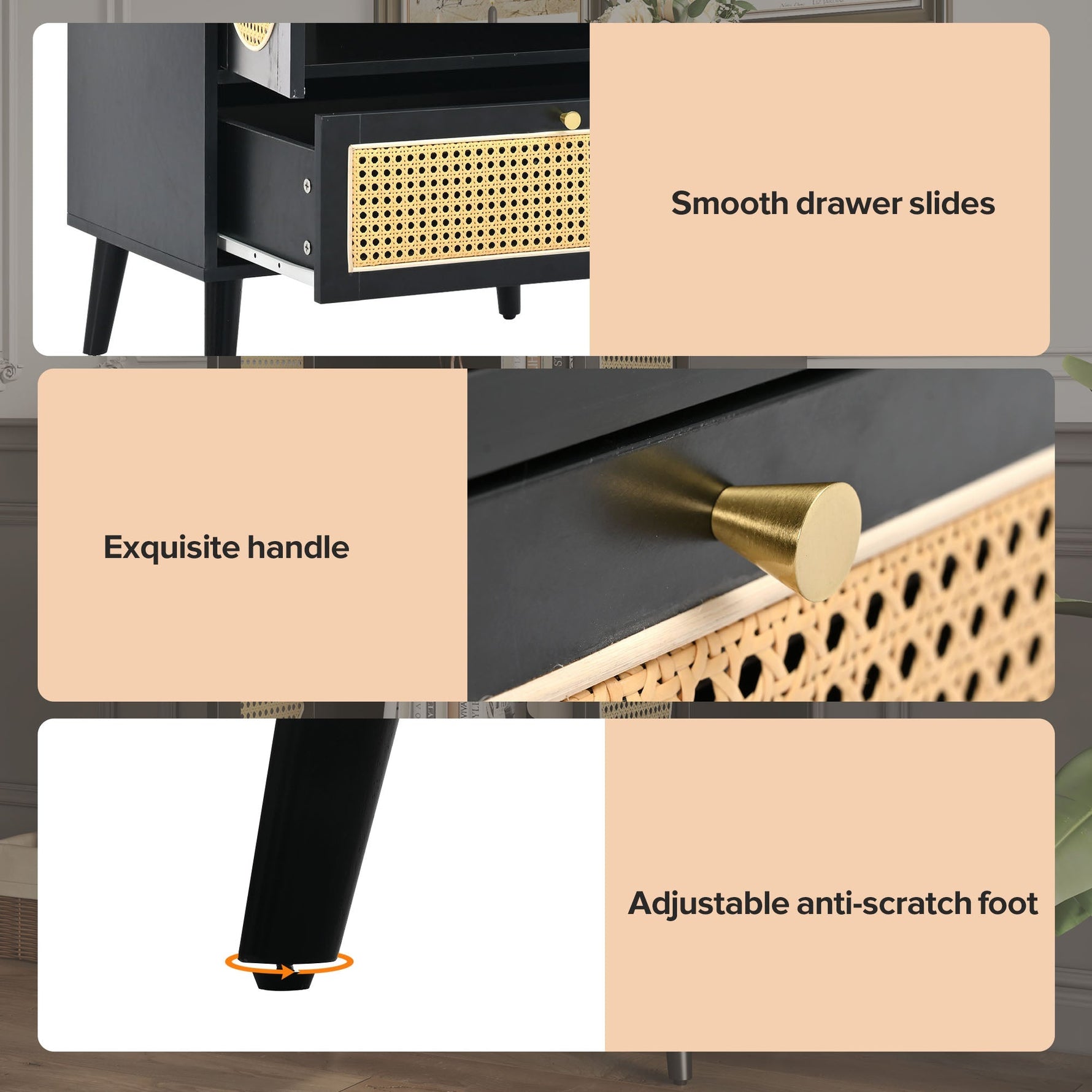 Compact Sideboard, Rattan Design, 2 Doors, 1 Drawer, Black