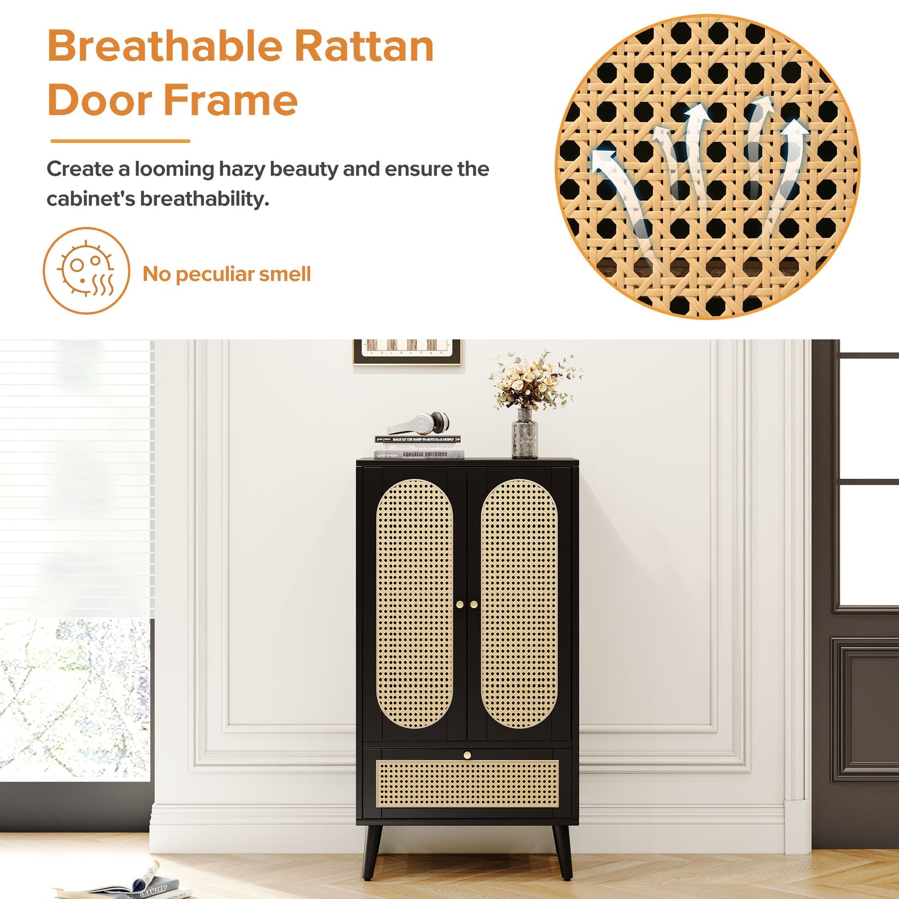 Compact Sideboard, Rattan Design, 2 Doors, 1 Drawer, Black
