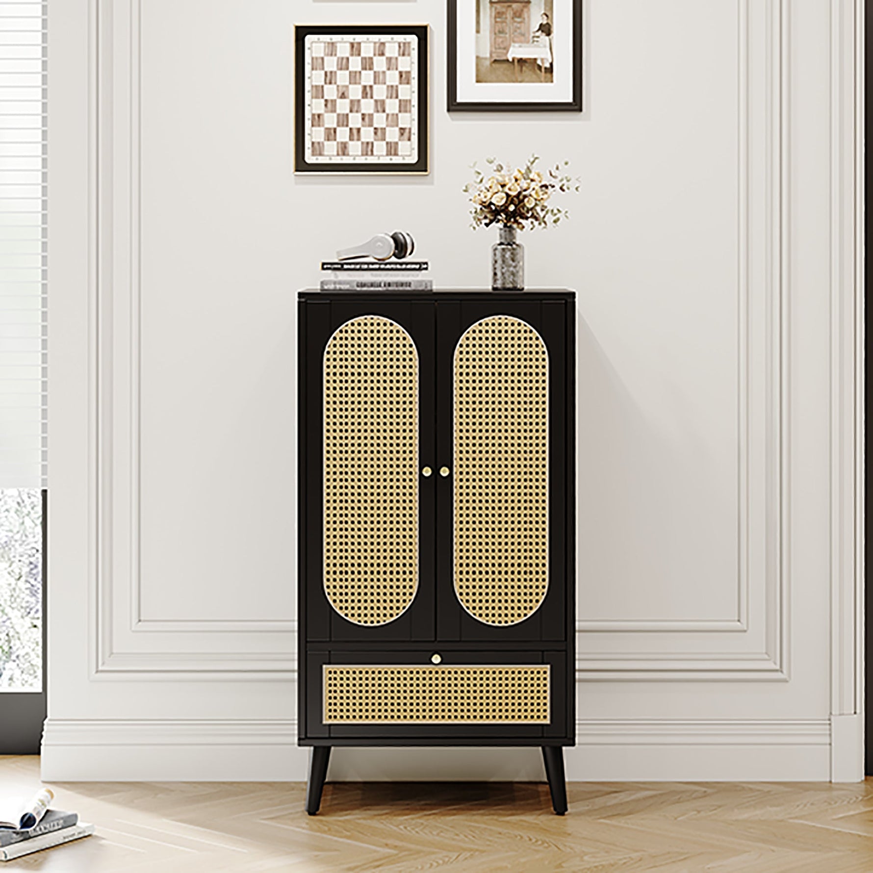 Compact Sideboard, Rattan Design, 2 Doors, 1 Drawer, Black