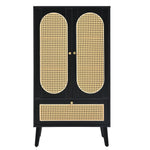 Compact Sideboard, Rattan Design, 2 Doors, 1 Drawer, Black