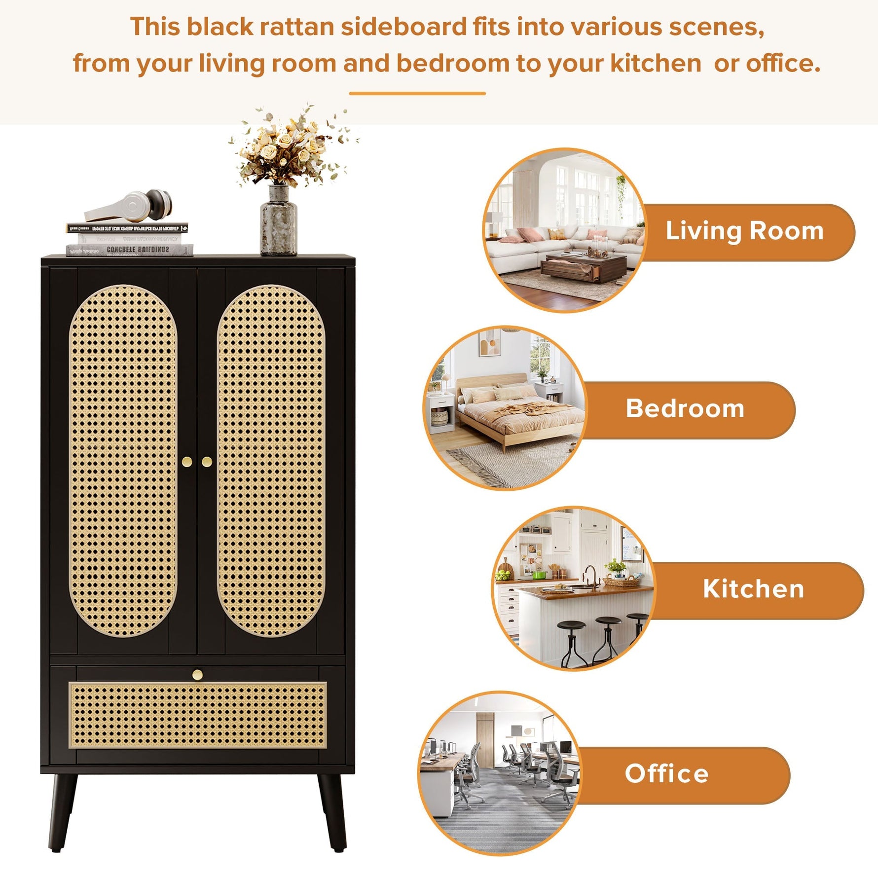 Compact Sideboard, Rattan Design, 2 Doors, 1 Drawer, Black