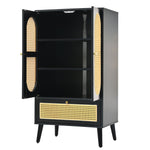 Compact Sideboard, Rattan Design, 2 Doors, 1 Drawer, Black