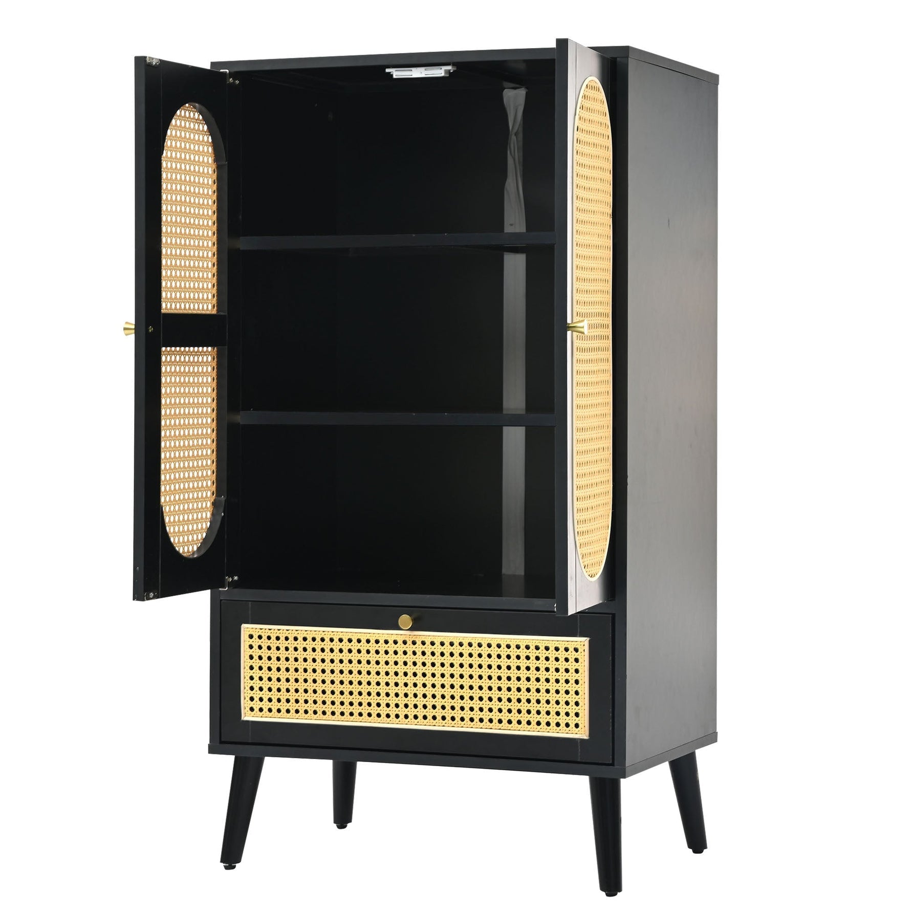 Compact Sideboard, Rattan Design, 2 Doors, 1 Drawer, Black
