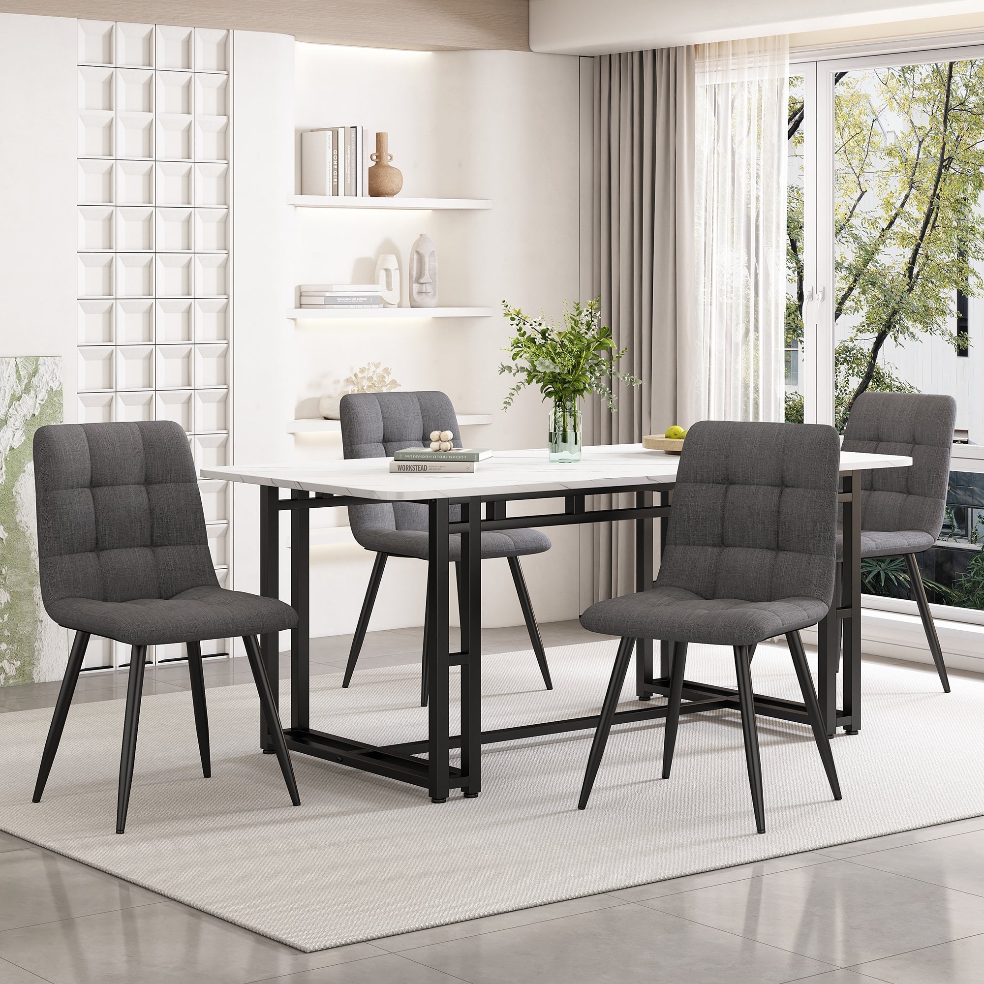 Dining Set 140x80cm Modern Kitchen Table 4 Chairs Black/Dark Grey Linen