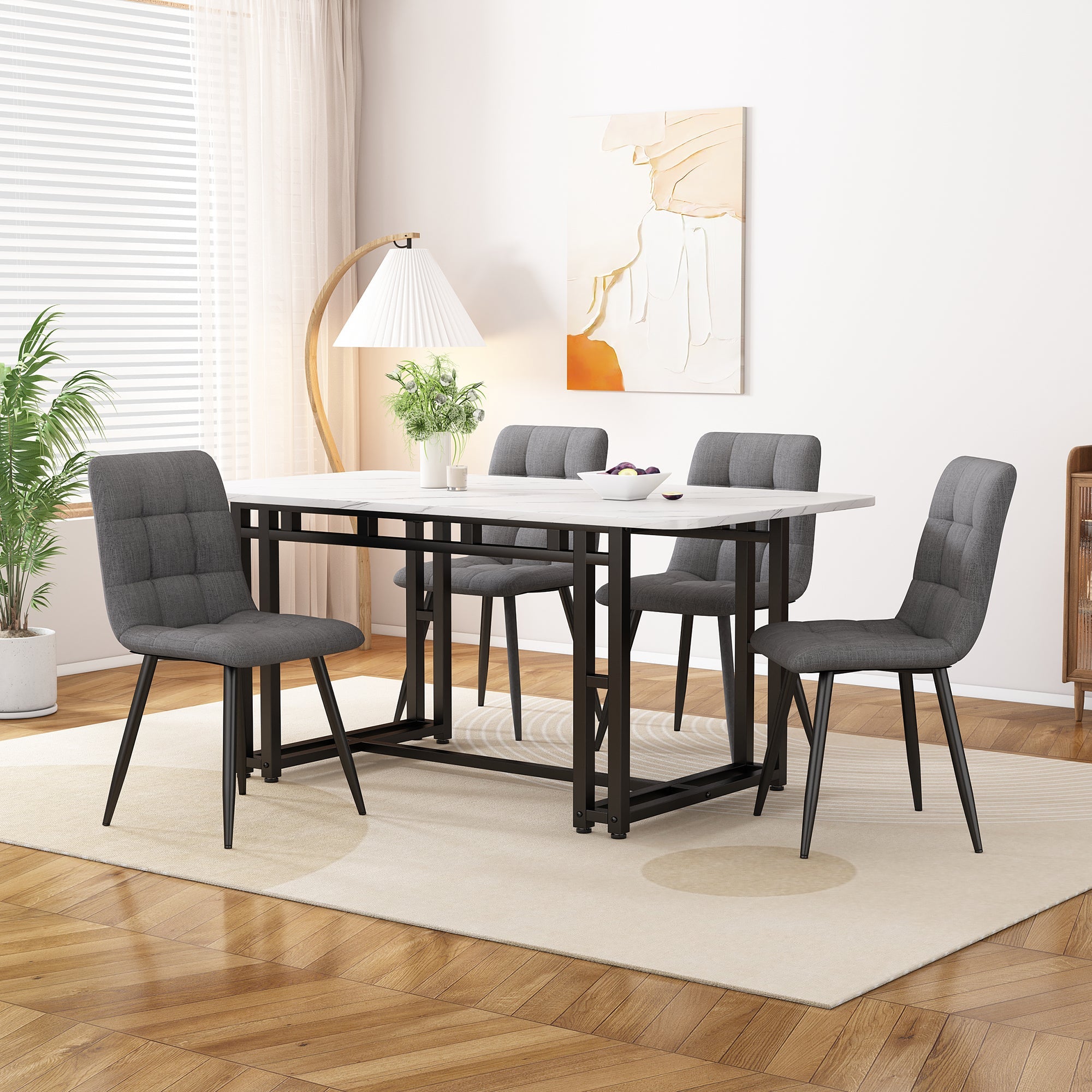 Dining Table Set 5-Piece 120x70cm Modern Kitchen Dark Grey Linen Black