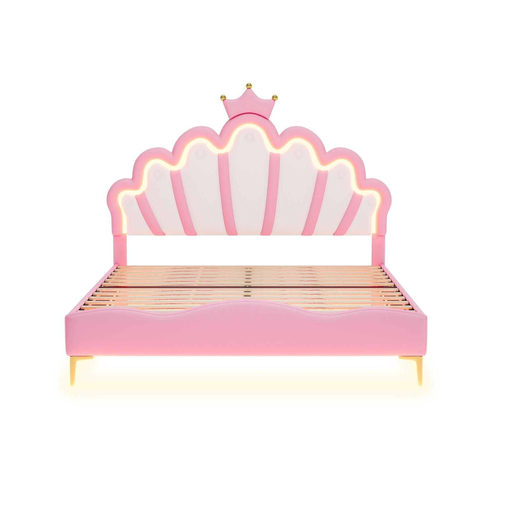 Flat Double Bed 140x200cm Crown-Shaped LED PU Leather - Pink