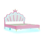 Flat Double Bed 140x200cm Crown-Shaped LED PU Leather - Pink