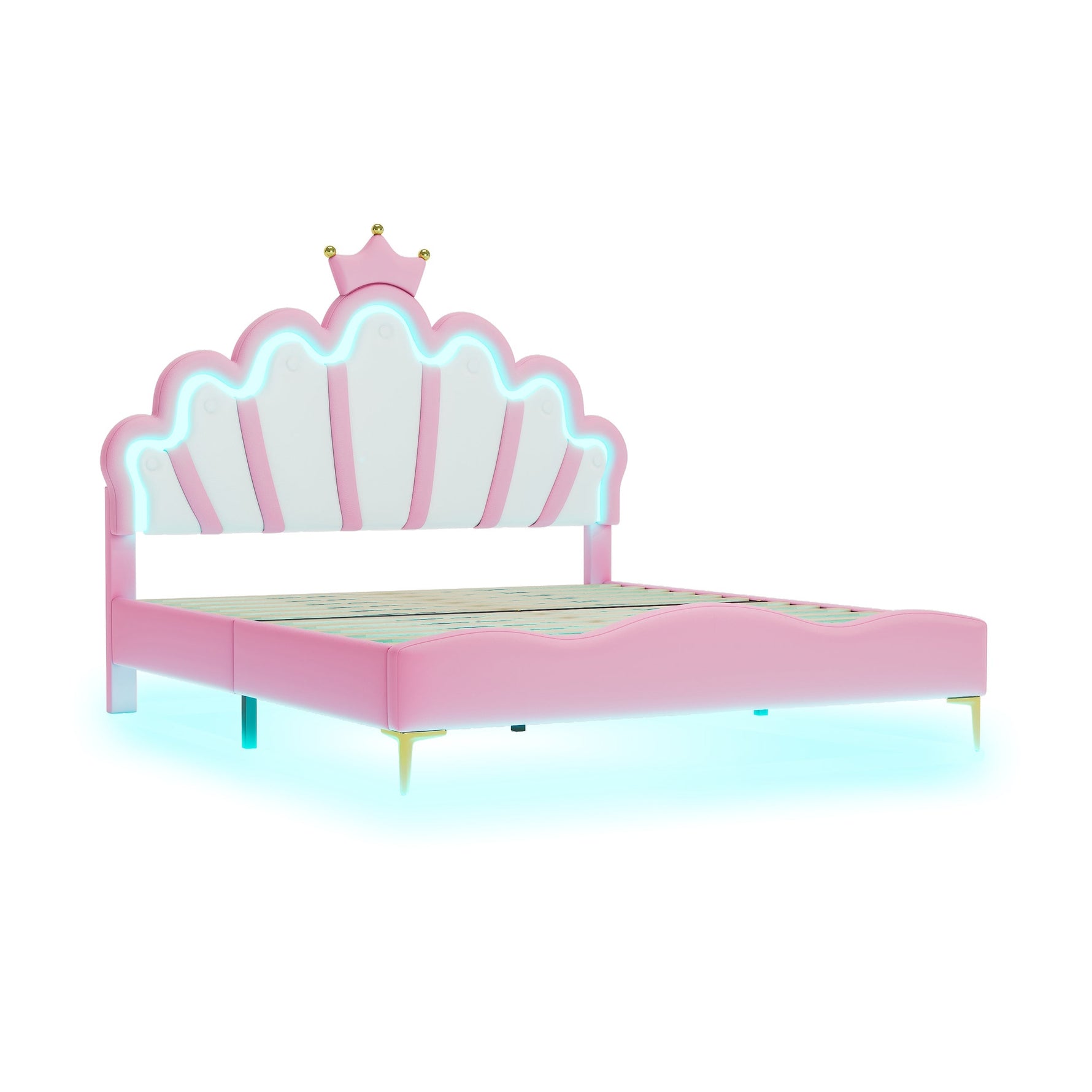 Flat Double Bed 140x200cm Crown-Shaped LED PU Leather - Pink