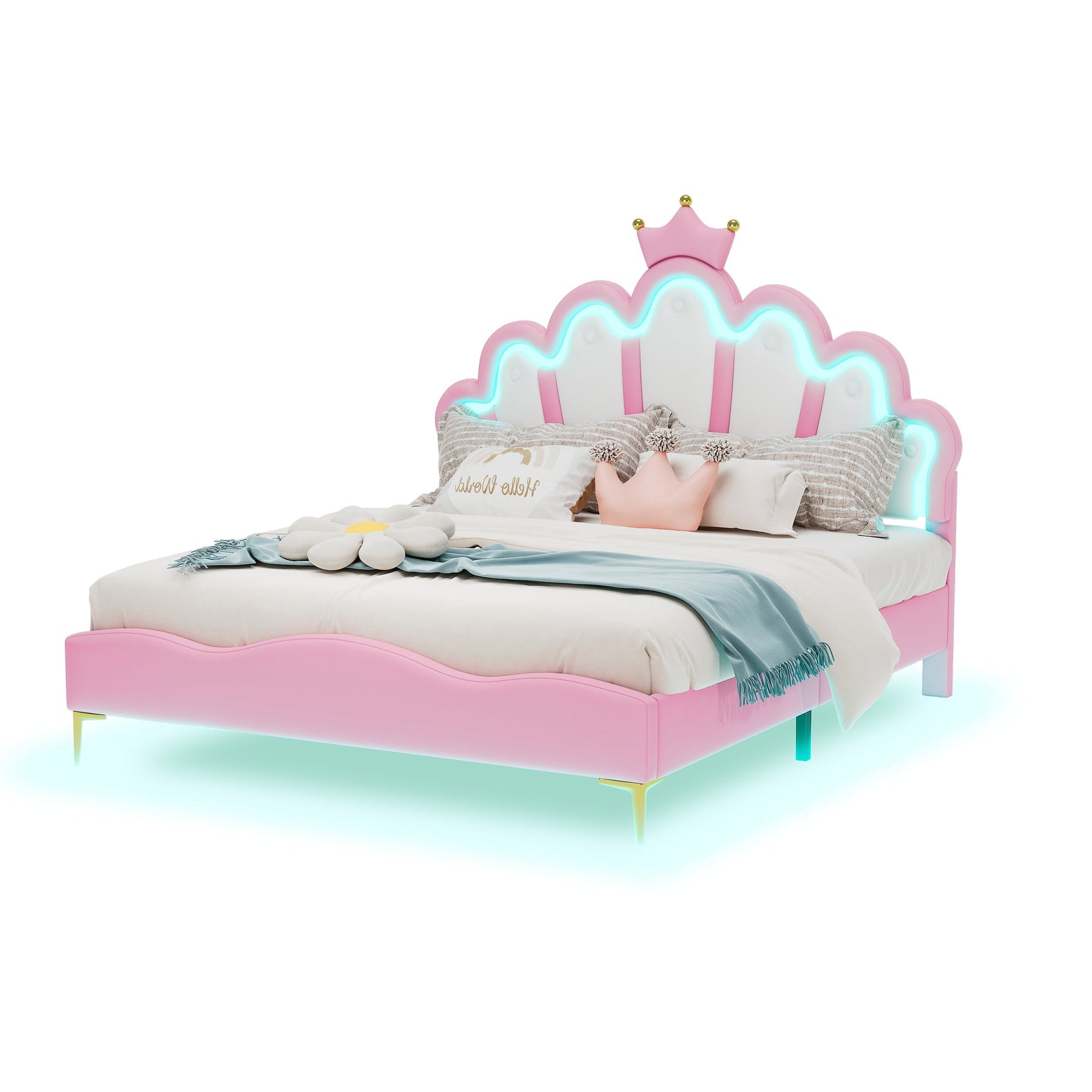 Flat Double Bed 140x200cm Crown-Shaped LED PU Leather - Pink