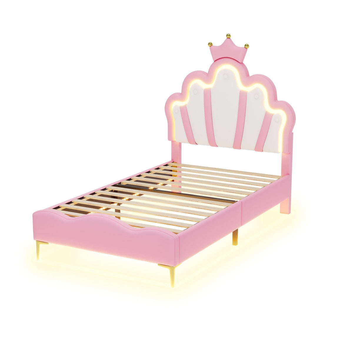 Princess Bed 90x200cm Crown Headboard Upholstered with Adjustable LED Light Pink PU Leather