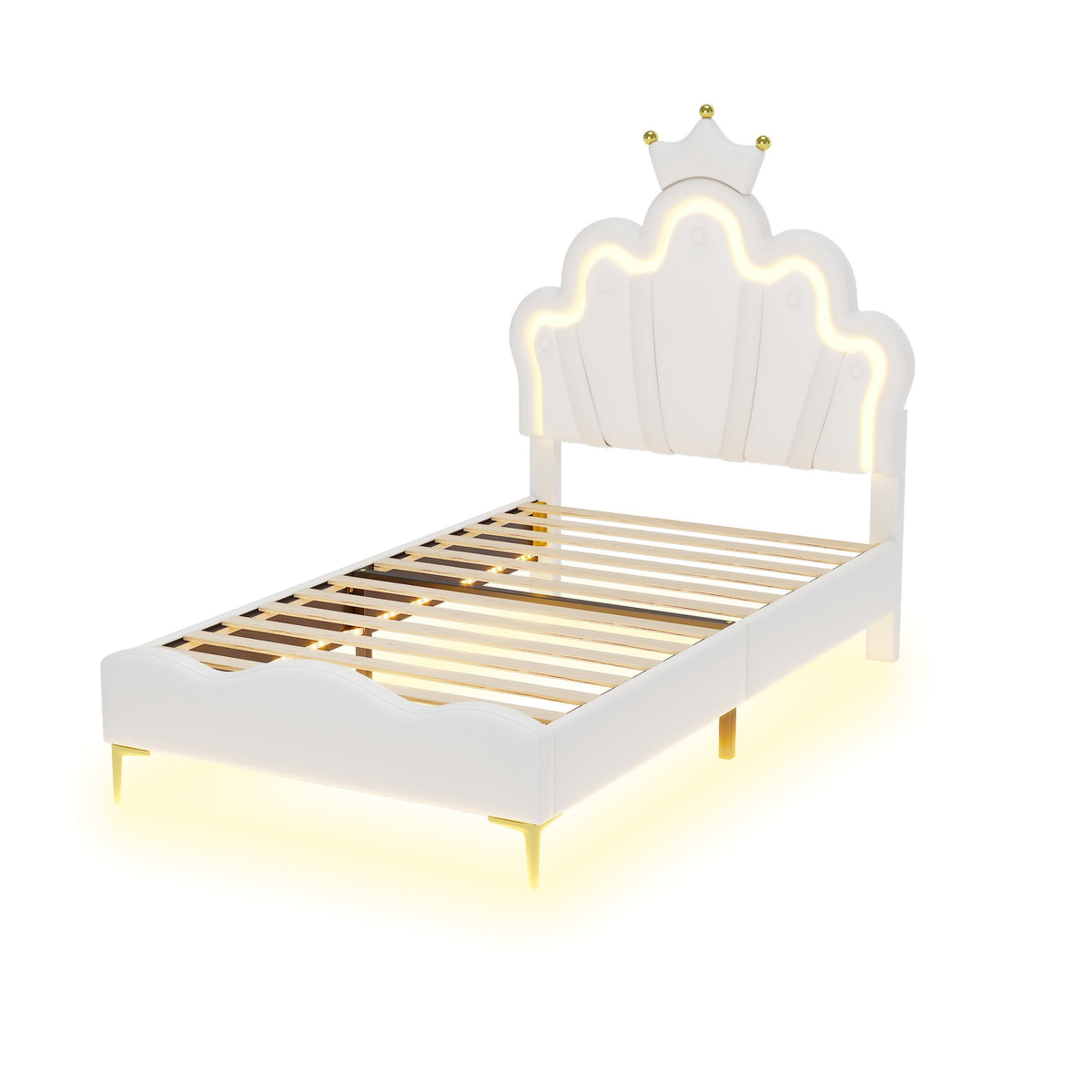 Princess Bed 90x200cm Crown Shaped PU Leather Upholstered LED - White