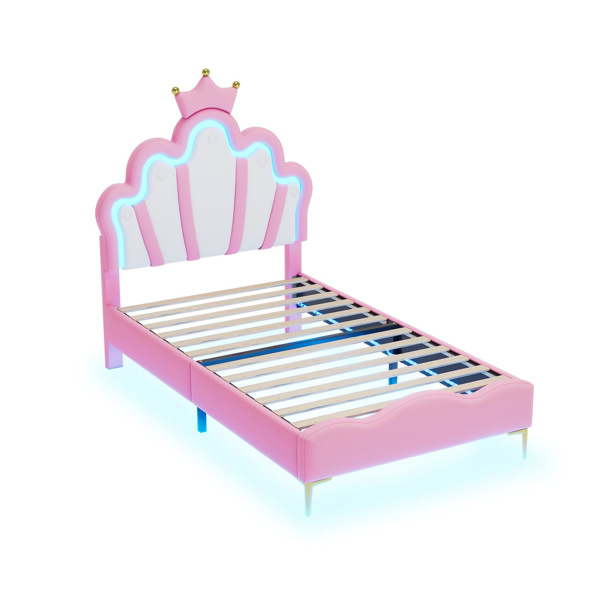 Princess Bed 90x200cm Crown Headboard Upholstered with Adjustable LED Light Pink PU Leather