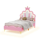 Princess Bed 90x200cm Crown Headboard Upholstered with Adjustable LED Light Pink PU Leather