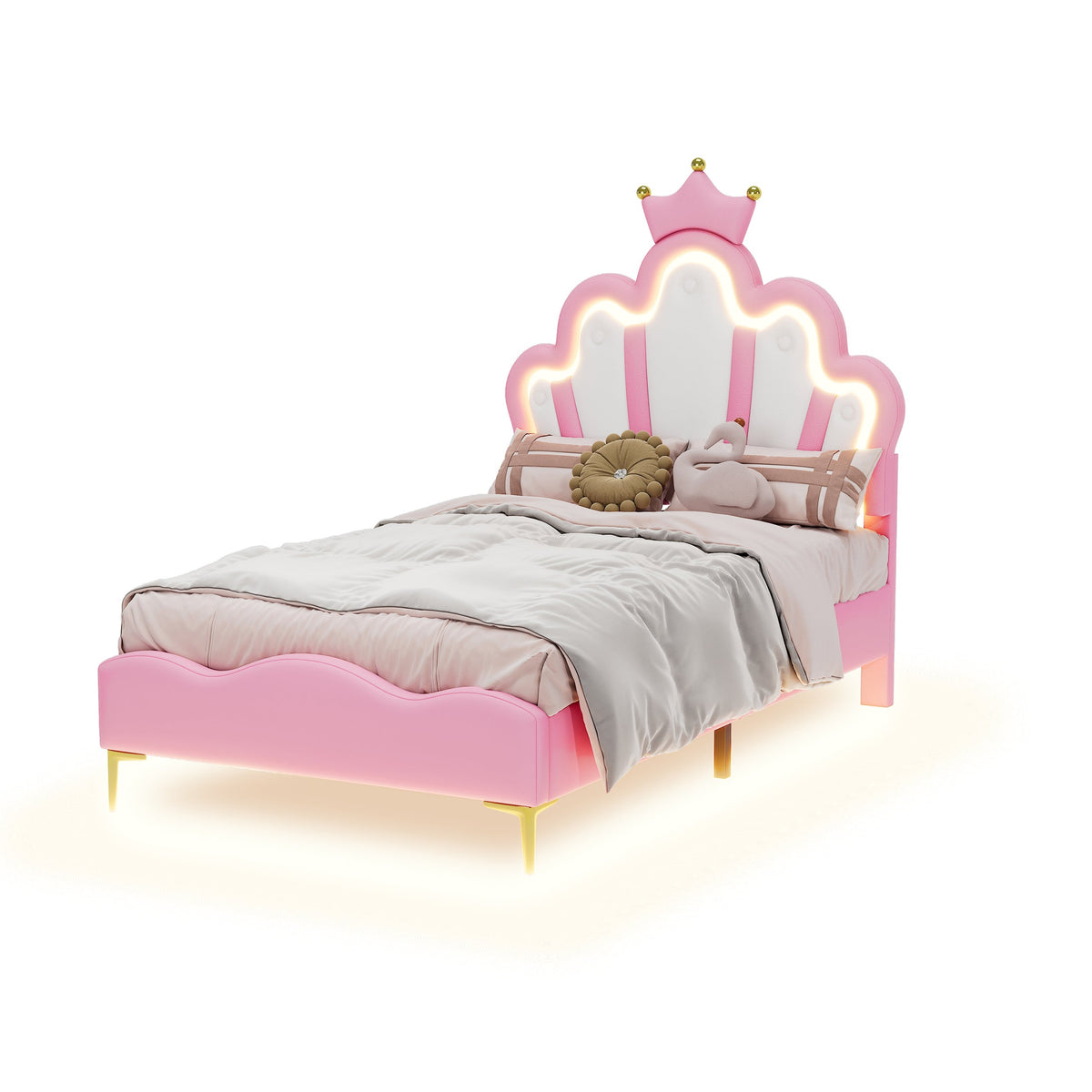 Princess Bed 90x200cm Crown Headboard Upholstered with Adjustable LED Light Pink PU Leather
