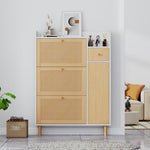 Wooden Shoe Cabinet, Narrow Entryway Storage 3 Tilting Doors 1 Drawer Solid Wood Rattan