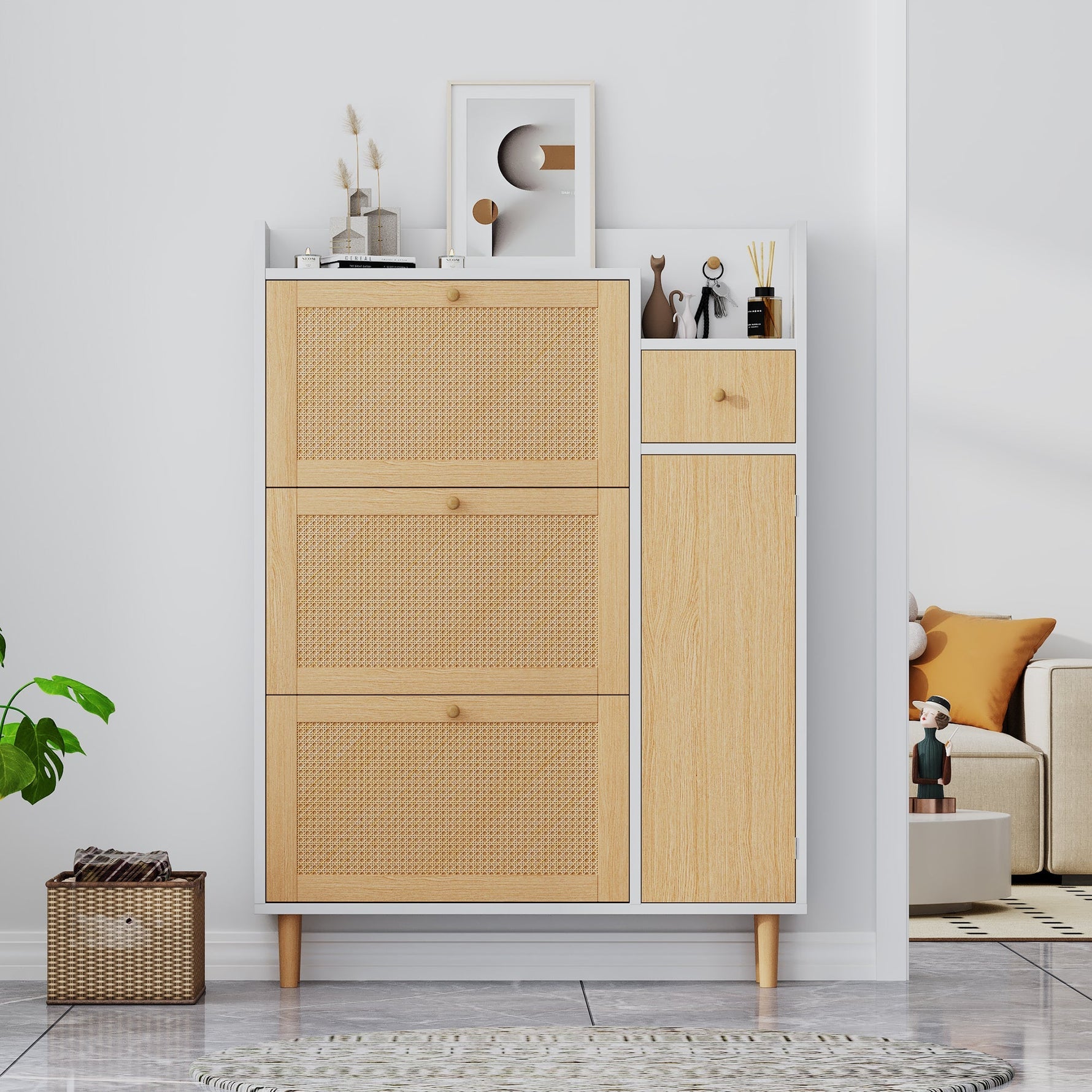 Wooden Shoe Cabinet, Narrow Entryway Storage 3 Tilting Doors 1 Drawer Solid Wood Rattan