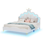 Flat Double Bed 140x200cm Crown-Shaped PU Leather Adjustable LED - White