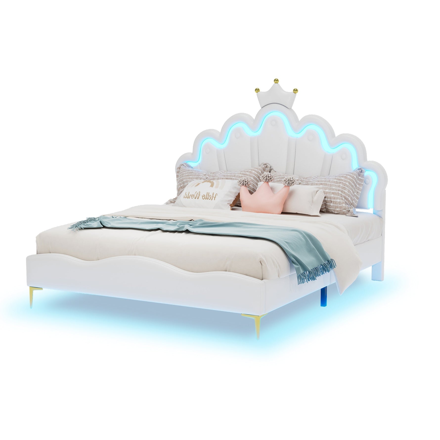 Flat Double Bed 140x200cm Crown-Shaped PU Leather Adjustable LED - White