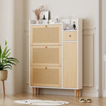 Wooden Shoe Cabinet, Narrow Entryway Storage 3 Tilting Doors 1 Drawer Solid Wood Rattan
