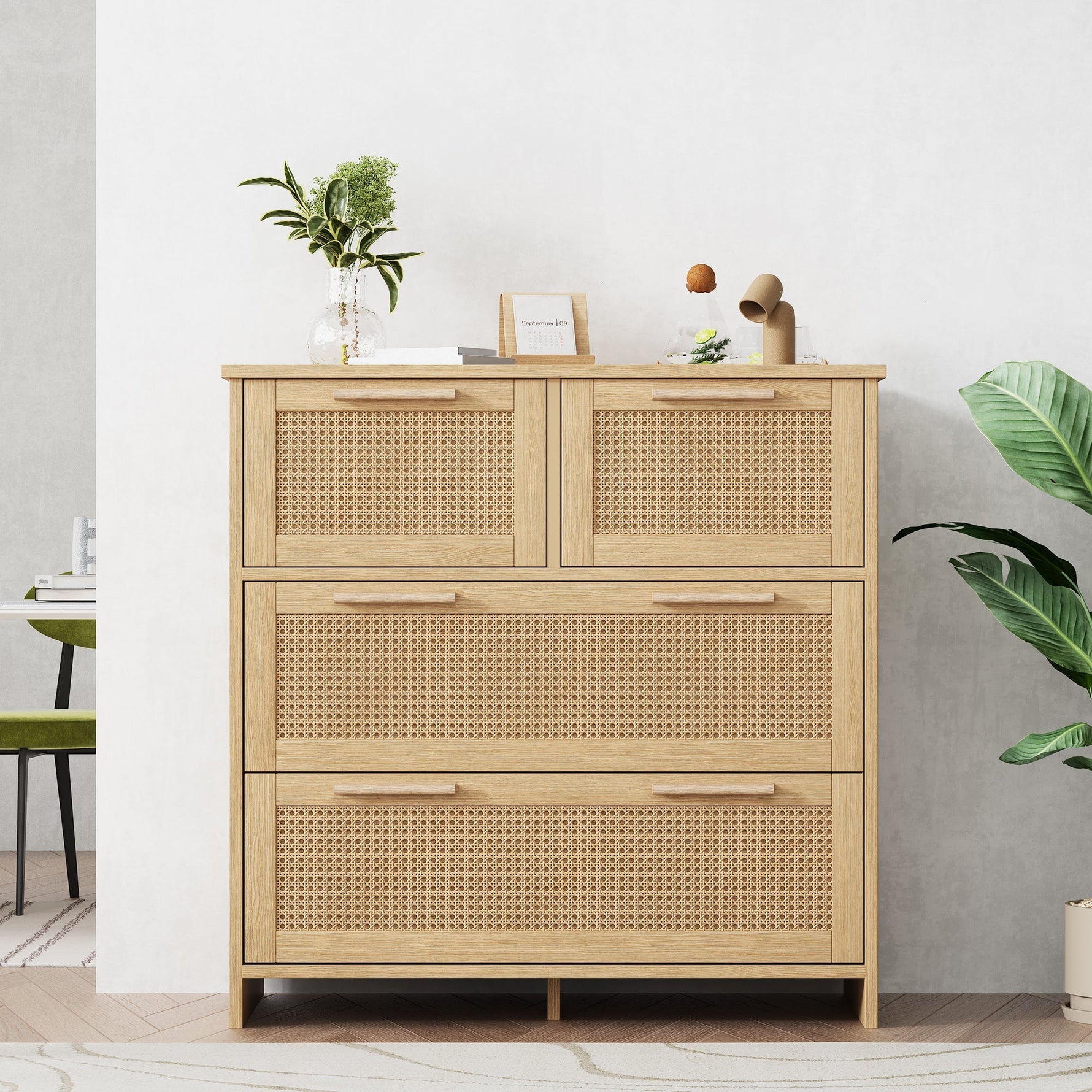 4-drawer rattan cabinet with solid wood handles - suitable for bedroom, living room, dining room, hallway, W80/H80/D38 cm.