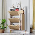 Wooden Shoe Cabinet, Narrow Entryway Storage 3 Tilting Doors 1 Drawer Solid Wood Rattan