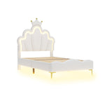 Princess Bed 90x200cm Crown Shaped PU Leather Upholstered LED - White