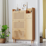Wooden Shoe Cabinet, 3 Tilting Doors 1 Drawer Narrow Entryway, Rattan