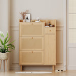 Wooden Shoe Cabinet, 3 Tilting Doors 1 Drawer Narrow Entryway, Rattan