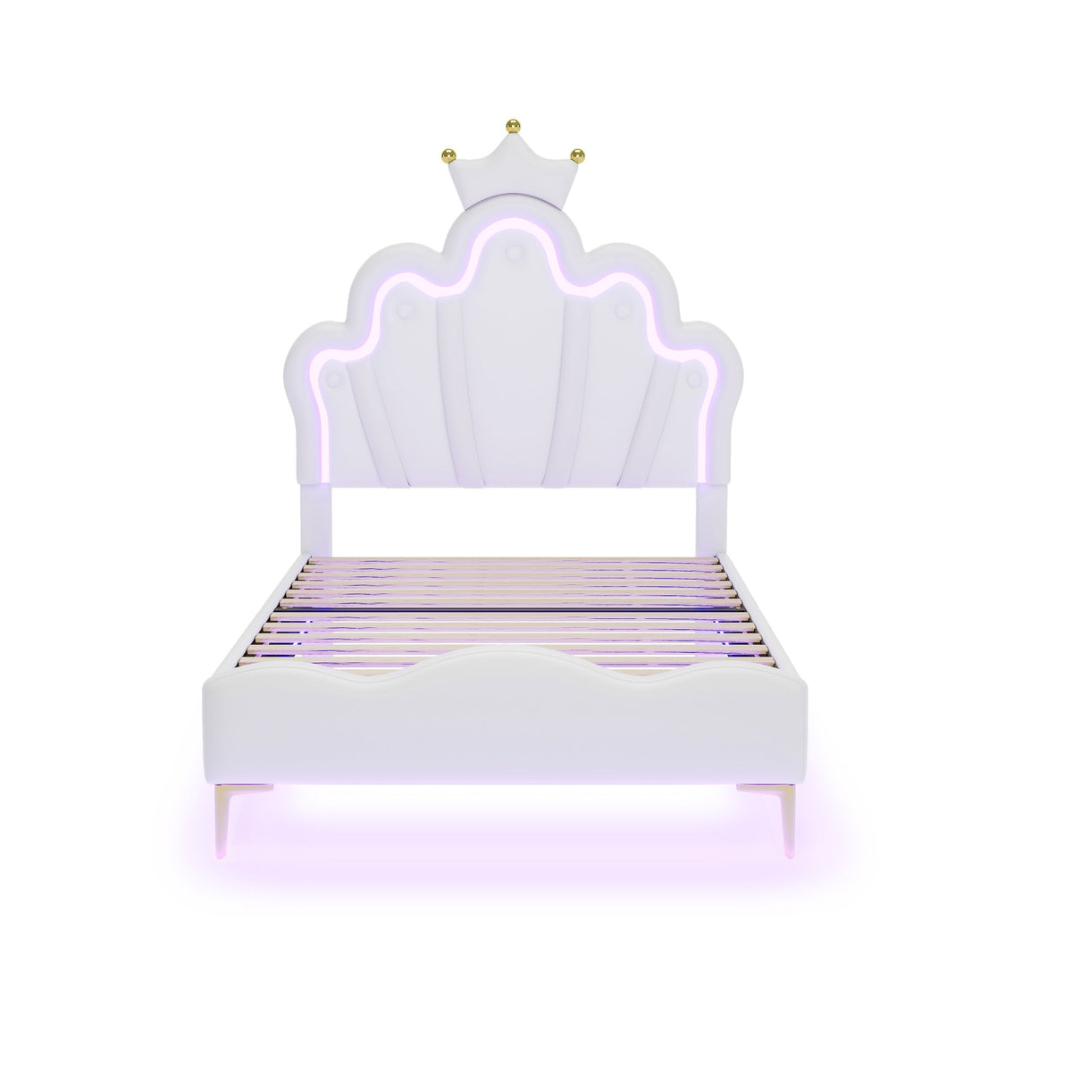 Princess Bed 90x200cm Crown Shaped PU Leather Upholstered LED - White