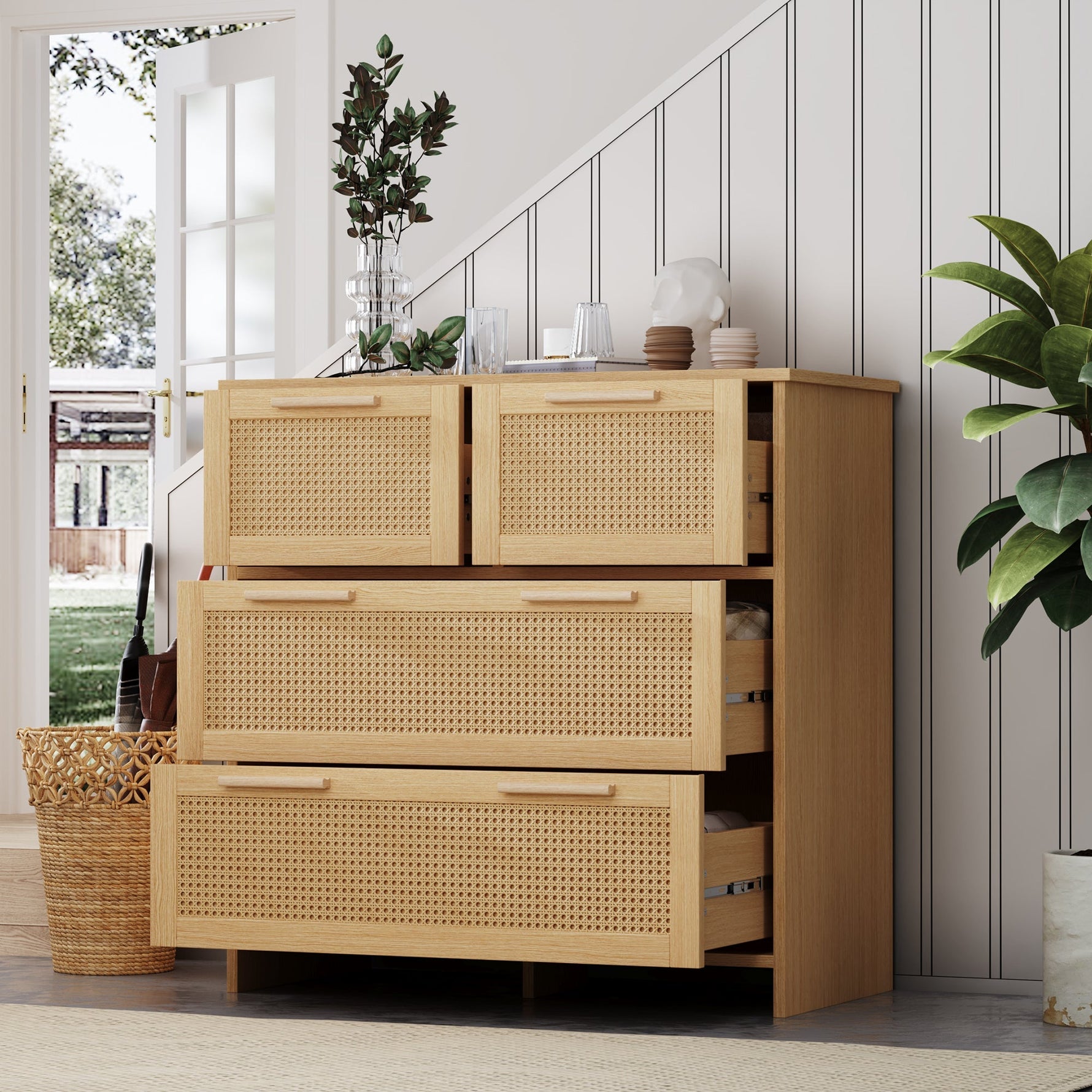 4-drawer rattan cabinet with solid wood handles - suitable for bedroom, living room, dining room, hallway, W80/H80/D38 cm.
