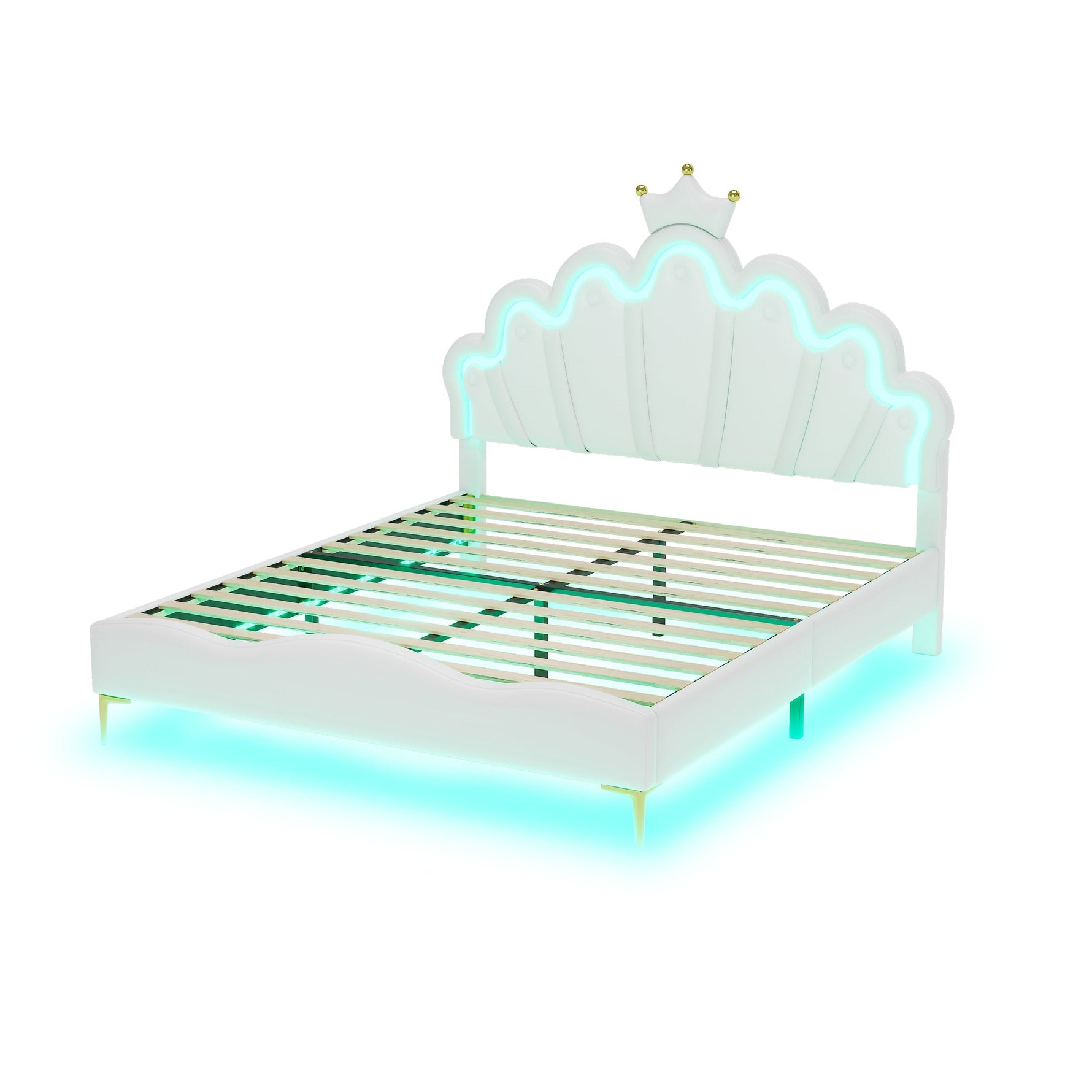 Flat Double Bed 140x200cm Crown-Shaped PU Leather Adjustable LED - White
