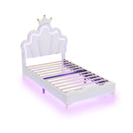 Princess Bed 90x200cm Crown Shaped PU Leather Upholstered LED - White
