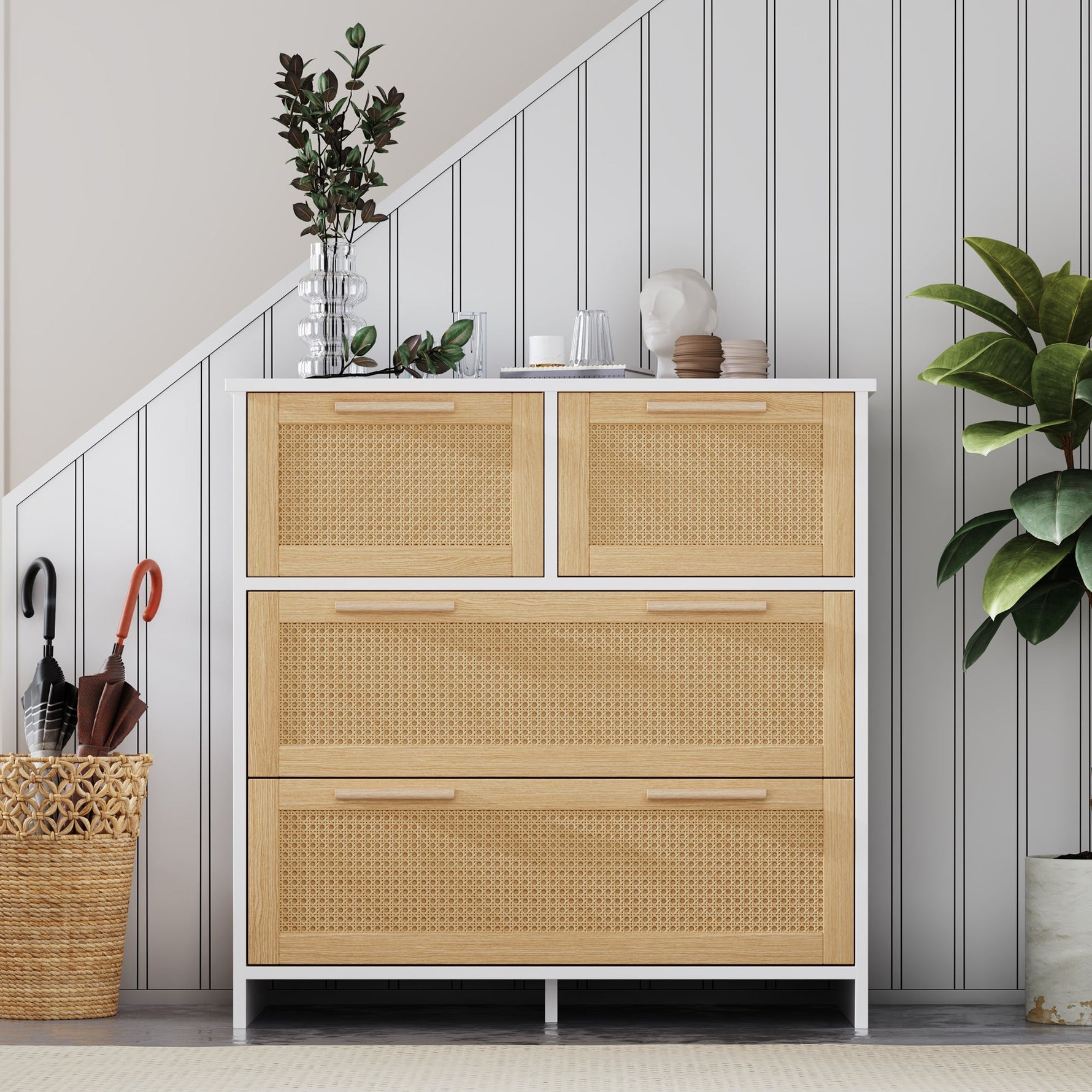 4-drawer rattan cabinet with solid wood handles
