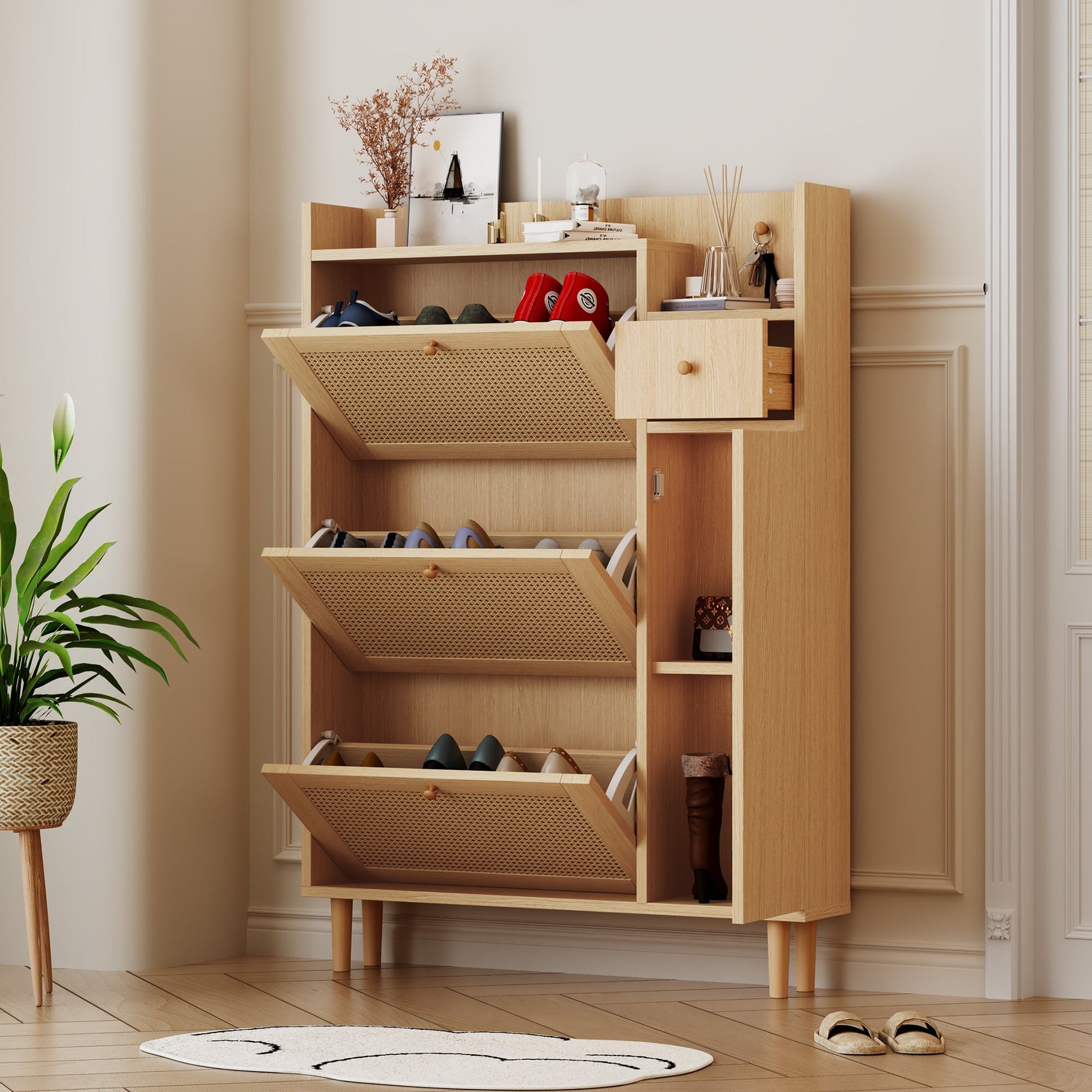 Wooden Shoe Cabinet, 3 Tilting Doors 1 Drawer Narrow Entryway, Rattan