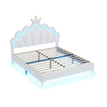 Flat Double Bed 140x200cm Crown-Shaped PU Leather Adjustable LED - White