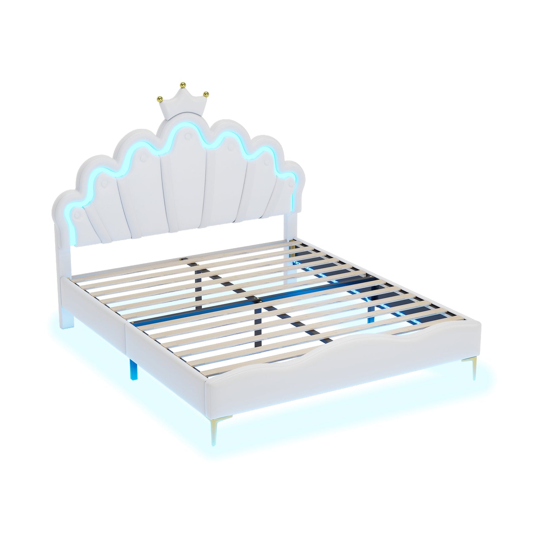 Flat Double Bed 140x200cm Crown-Shaped PU Leather Adjustable LED - White