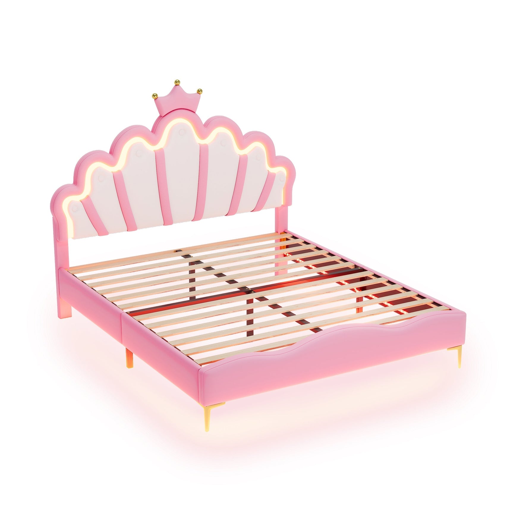 Flat Double Bed 140x200cm Crown-Shaped LED PU Leather - Pink